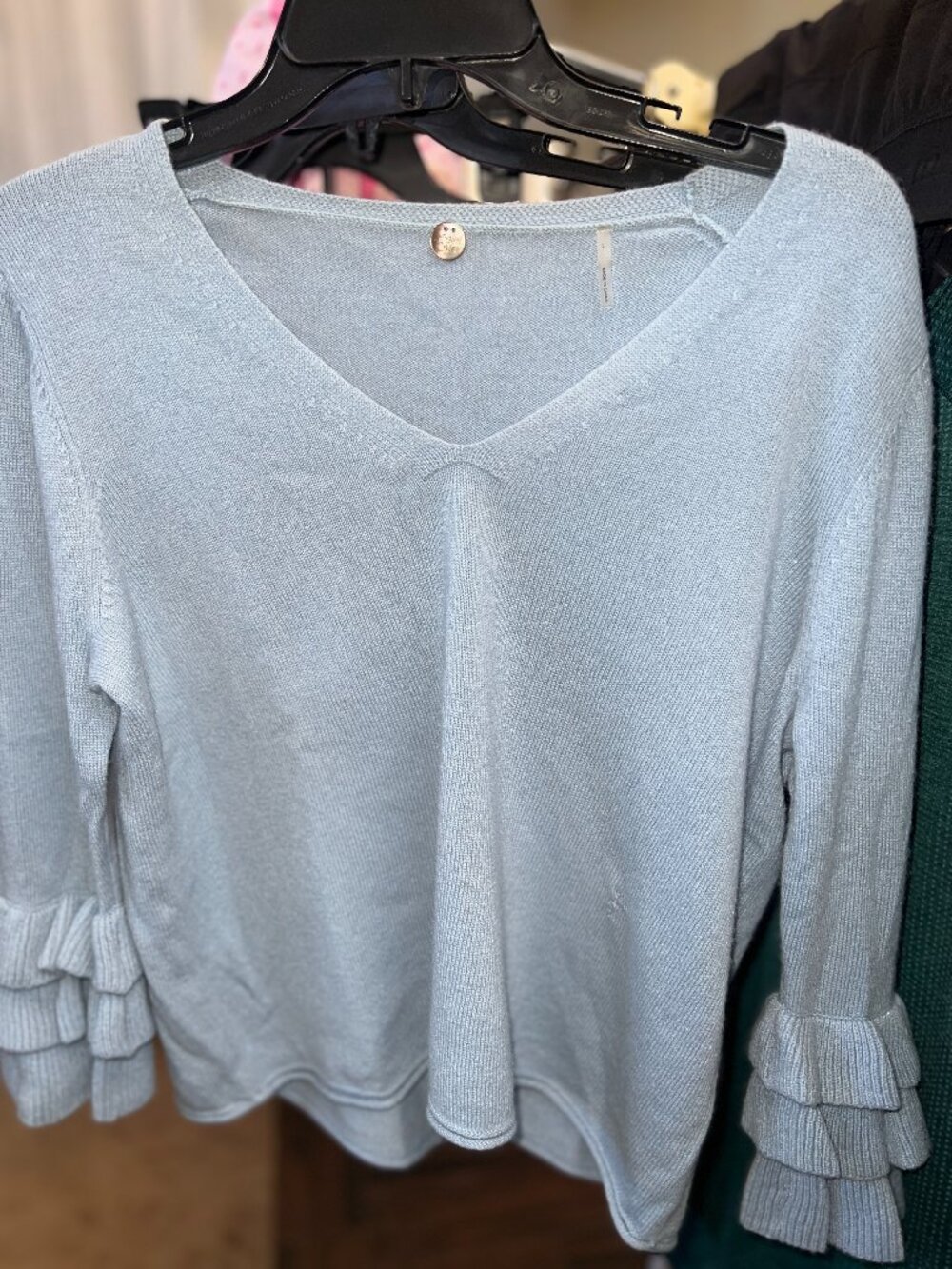 Margaret O'Leary Baby Blue Ruffle Sleeve V-Neck Knit Sweater L